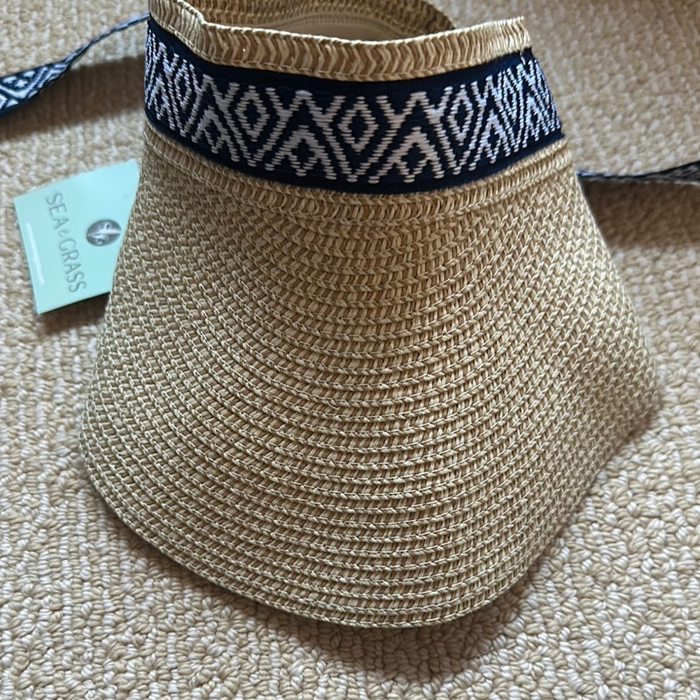 Tan and Blue Visor Hat with Geometric Band